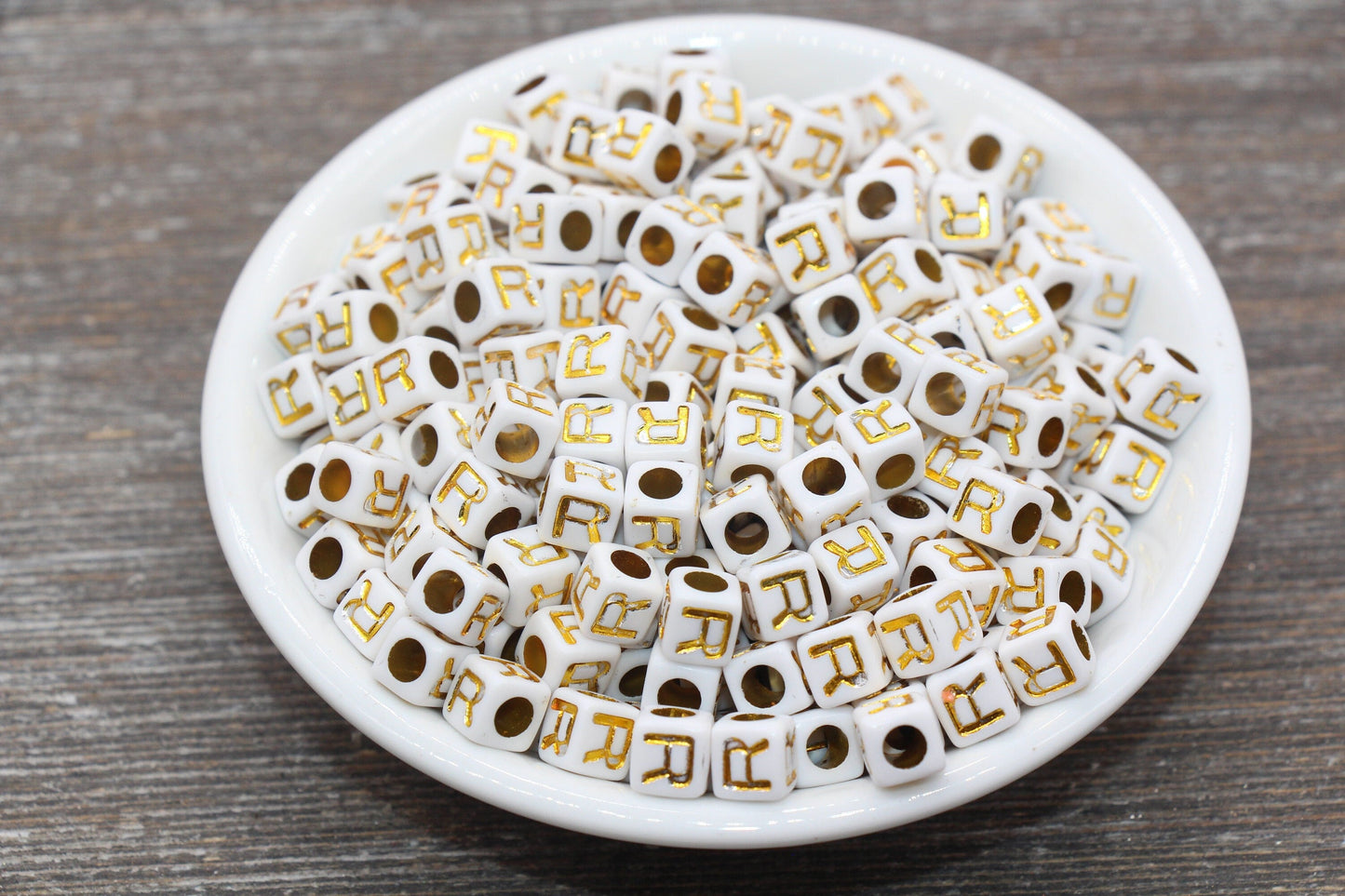 Letter R Letter Beads, Cube White Beads with Gold Lettering, Individual Letter Beads, Acrylic Square Name Beads, Size 7mm