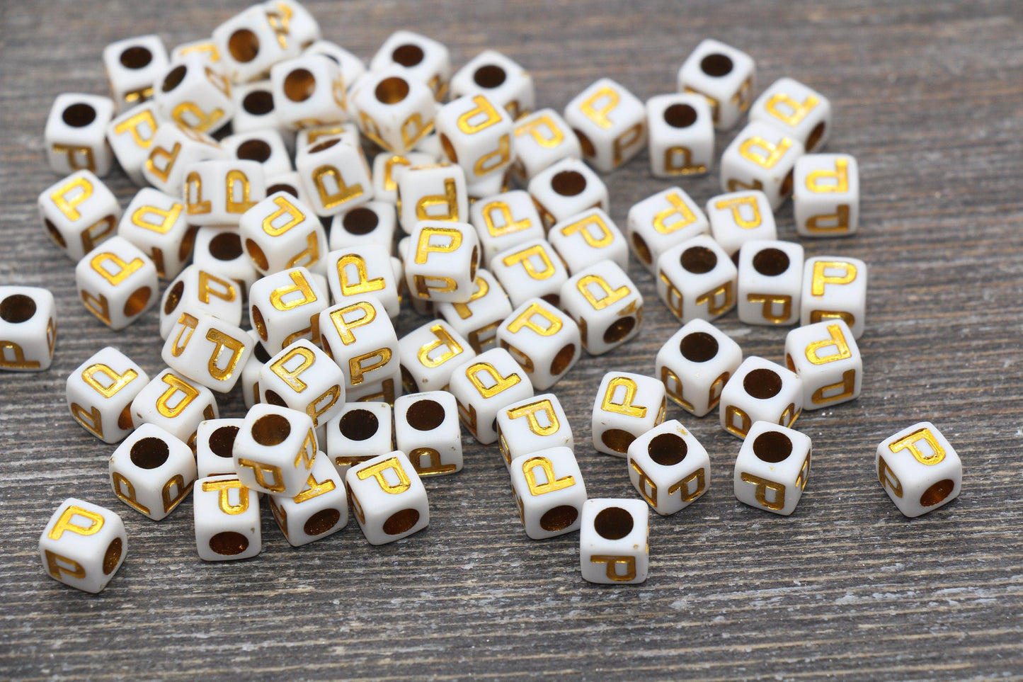 Letter P Letter Beads, Cube White Beads with Gold Lettering, Individual Letter Beads, Acrylic Square Name Beads, Size 7mm