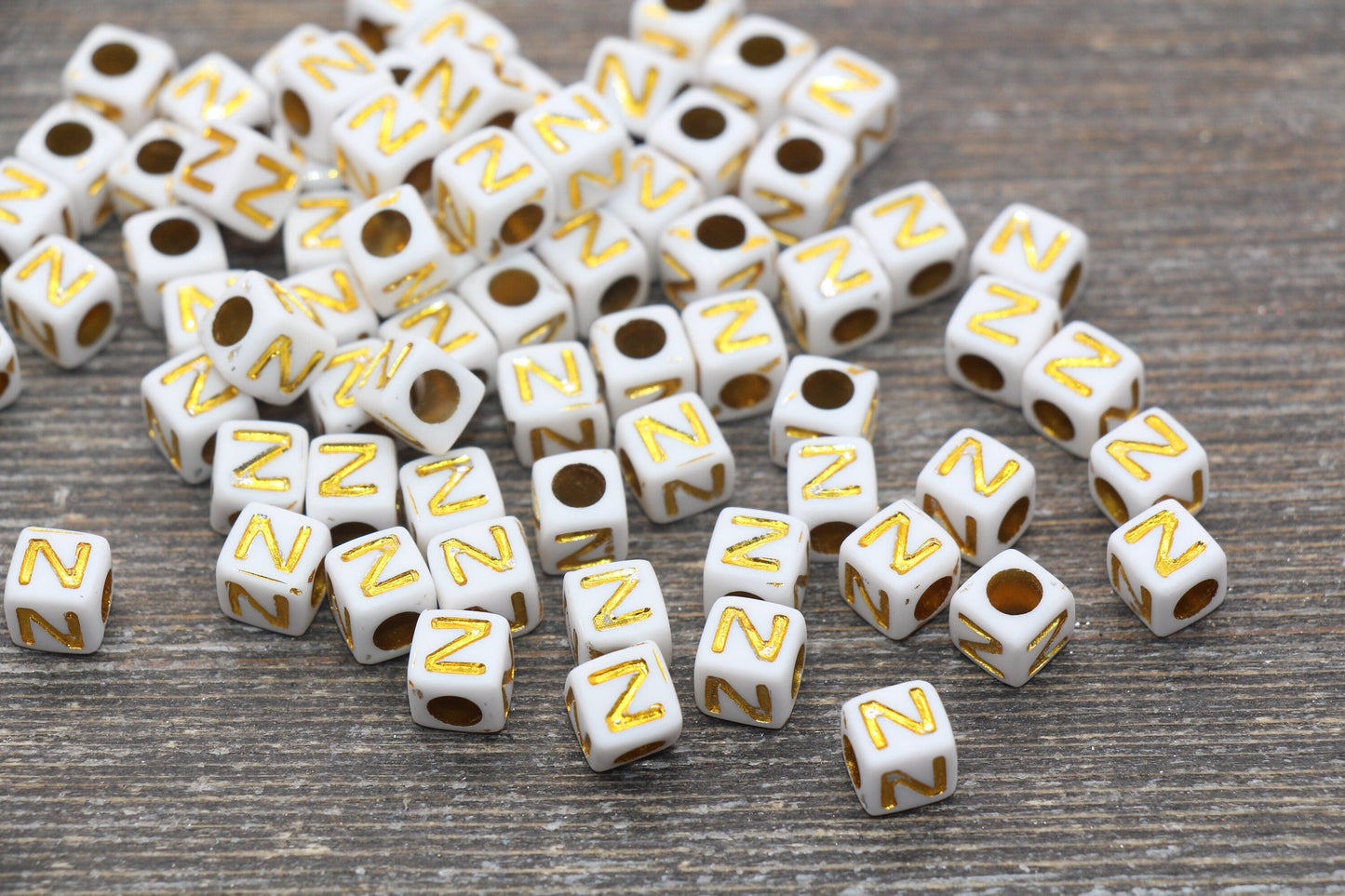 Letter N Letter Beads, Cube White Beads with Gold Lettering, Individual Letter Beads, Acrylic Square Name Beads, Size 7mm