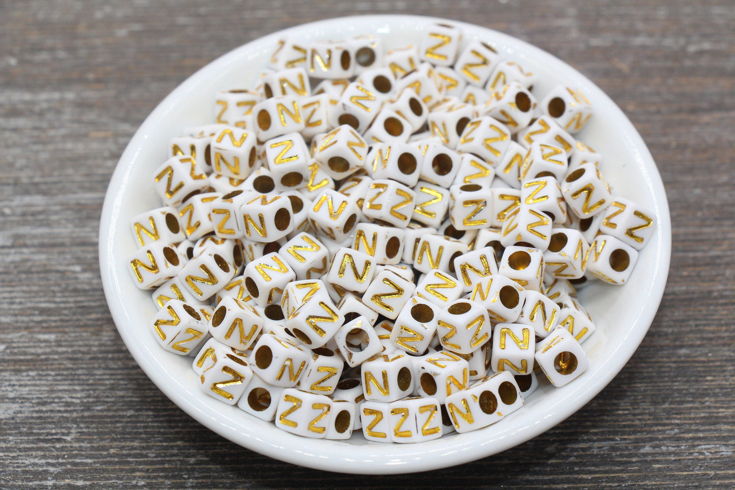Letter N Letter Beads, Cube White Beads with Gold Lettering, Individual Letter Beads, Acrylic Square Name Beads, Size 7mm
