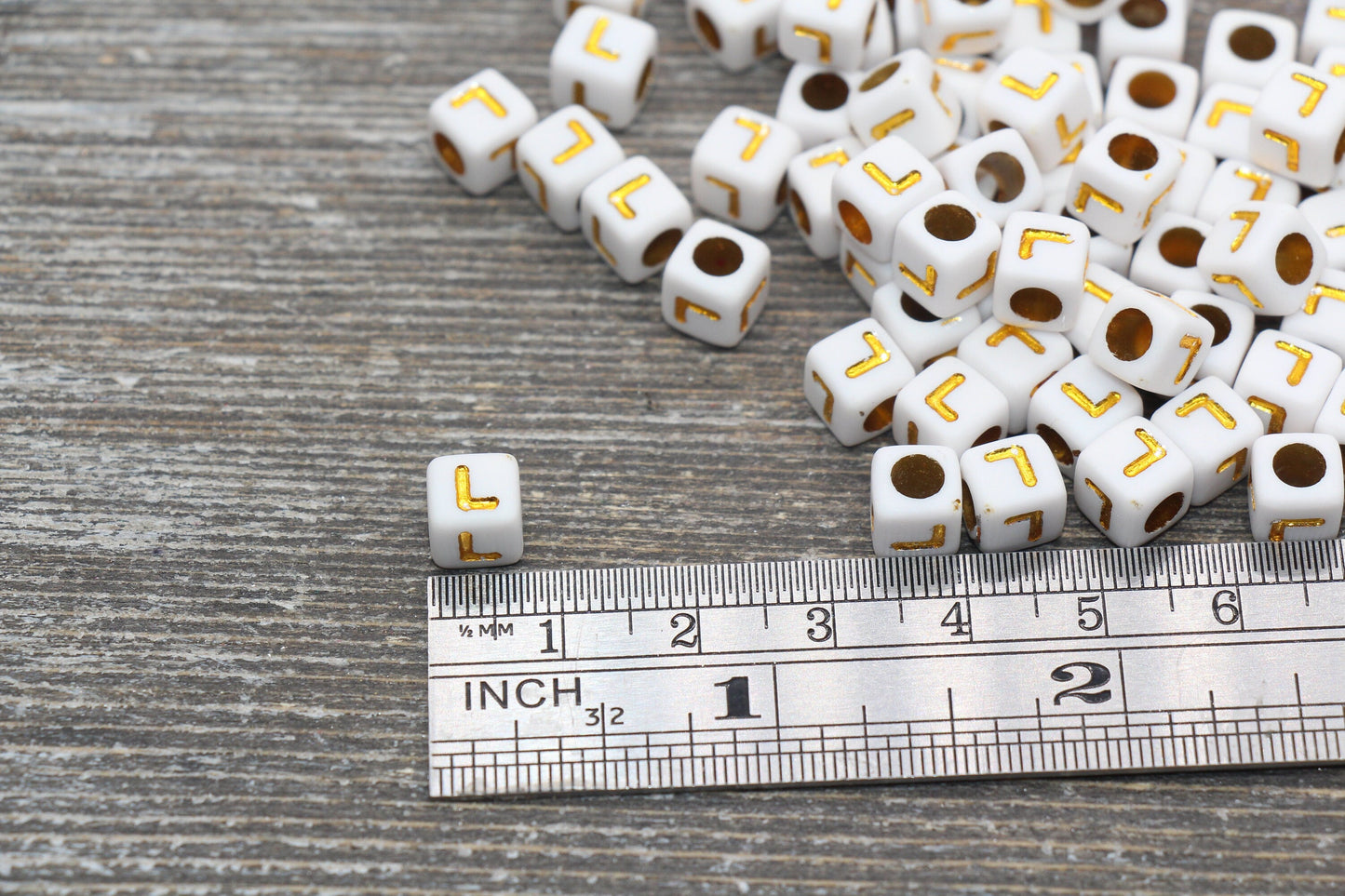 Letter L Letter Beads, Cube White Beads with Gold Lettering, Individual Letter Beads, Acrylic Square Name Beads, Size 7mm