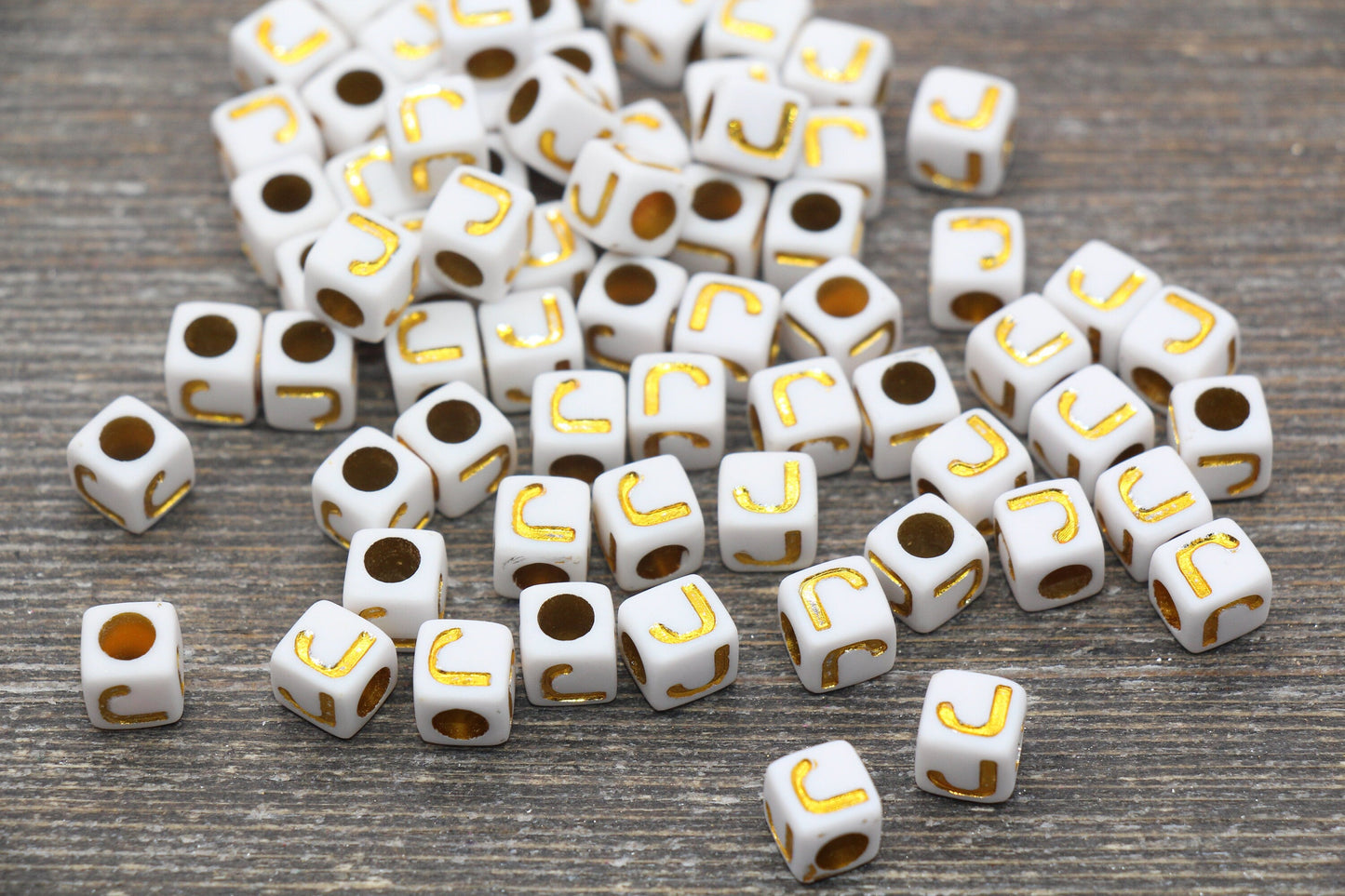 Letter J Letter Beads, Cube White Beads with Gold Lettering, Individual Letter Beads, Acrylic Square Name Beads, Size 7mm