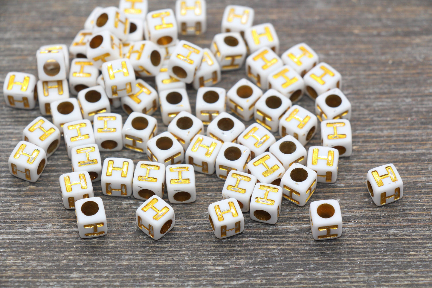 Letter H Letter Beads, Cube White Beads with Gold Lettering, Individual Letter Beads, Acrylic Square Name Beads, Size 7mm