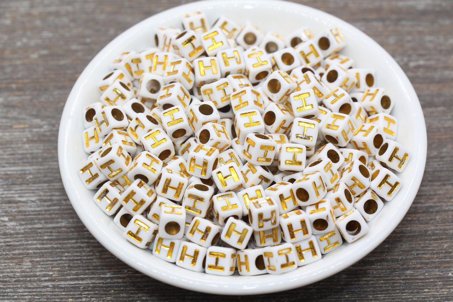 Letter H Letter Beads, Cube White Beads with Gold Lettering, Individual Letter Beads, Acrylic Square Name Beads, Size 7mm