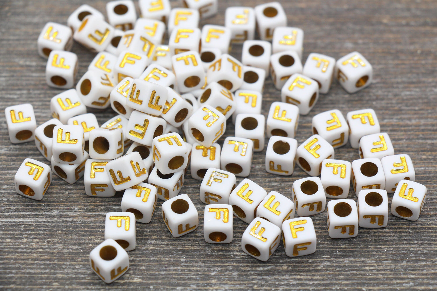 Letter F Letter Beads, Cube White Beads with Gold Lettering, Individual Letter Beads, Acrylic Square Name Beads, Size 7mm