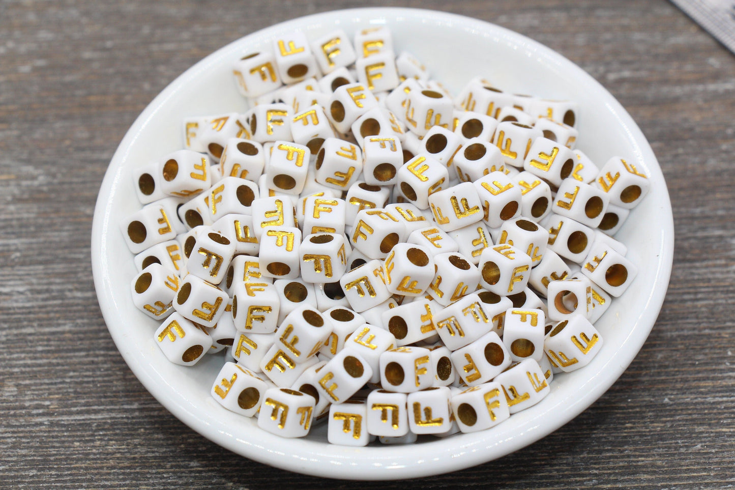Letter F Letter Beads, Cube White Beads with Gold Lettering, Individual Letter Beads, Acrylic Square Name Beads, Size 7mm