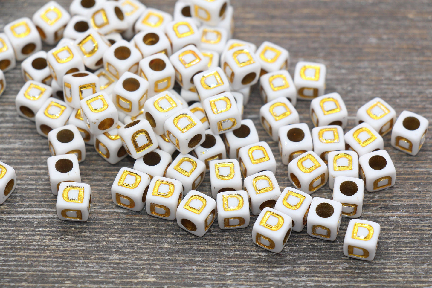 Letter D Letter Beads, Cube White Beads with Gold Lettering, Individual Letter Beads, Acrylic Square Name Beads, Size 7mm