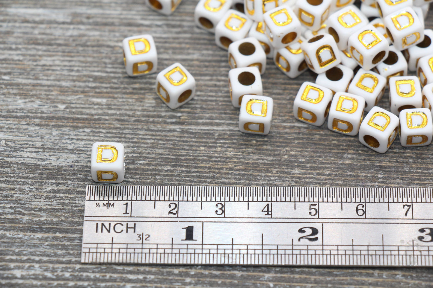 Letter D Letter Beads, Cube White Beads with Gold Lettering, Individual Letter Beads, Acrylic Square Name Beads, Size 7mm