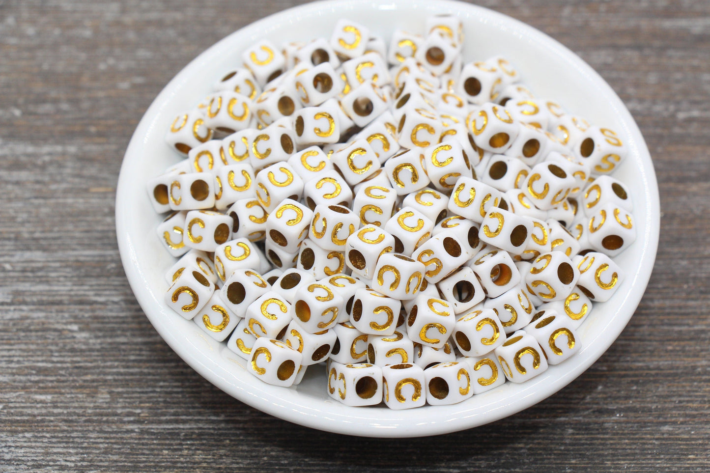 Letter C Letter Beads, Cube White Beads with Gold Lettering, Individual Letter Beads, Acrylic Square Name Beads, Size 7mm