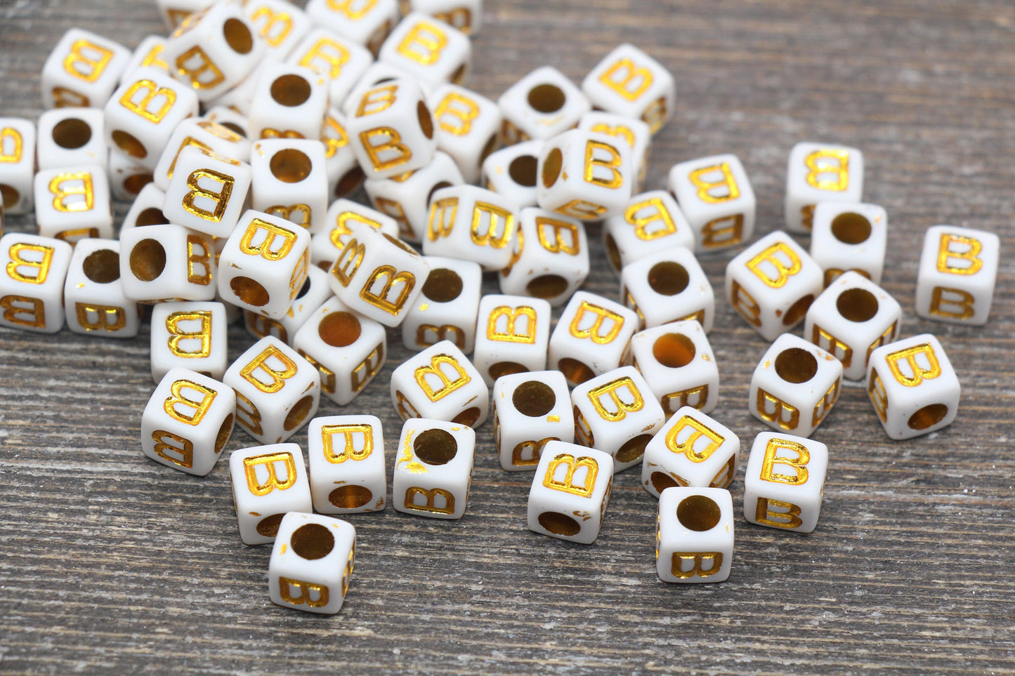 Letter B Letter Beads, Cube White Beads with Gold Lettering, Individual Letter Beads, Acrylic Square Name Beads, Size 7mm
