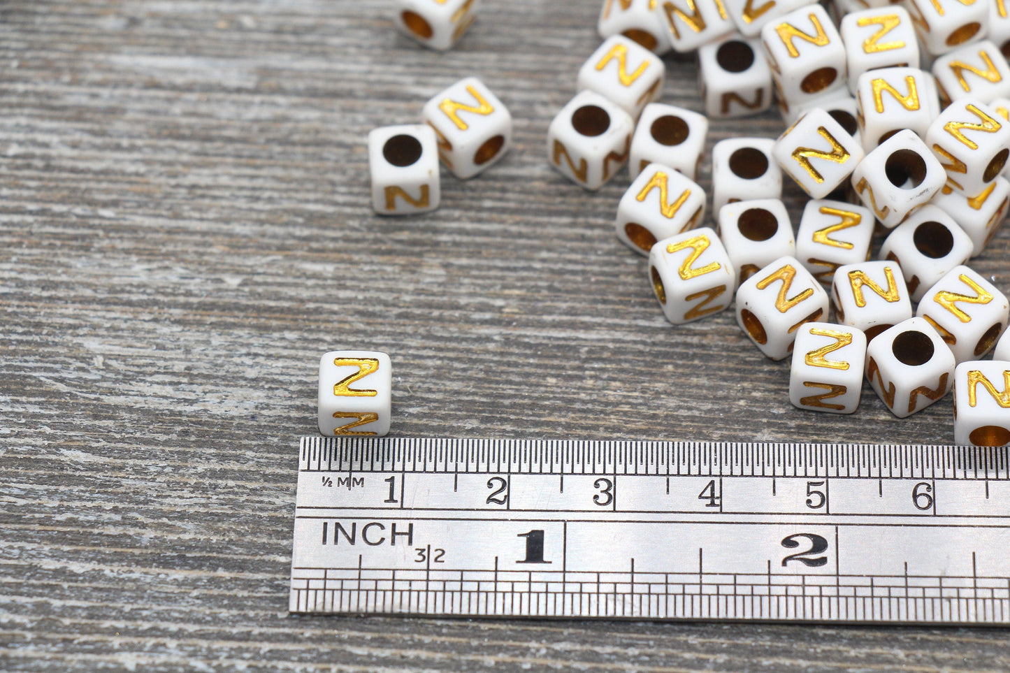 Letter Z Letter Beads, Cube White Beads with Gold Lettering, Individual Letter Beads, Acrylic Square Name Beads, Size 7mm