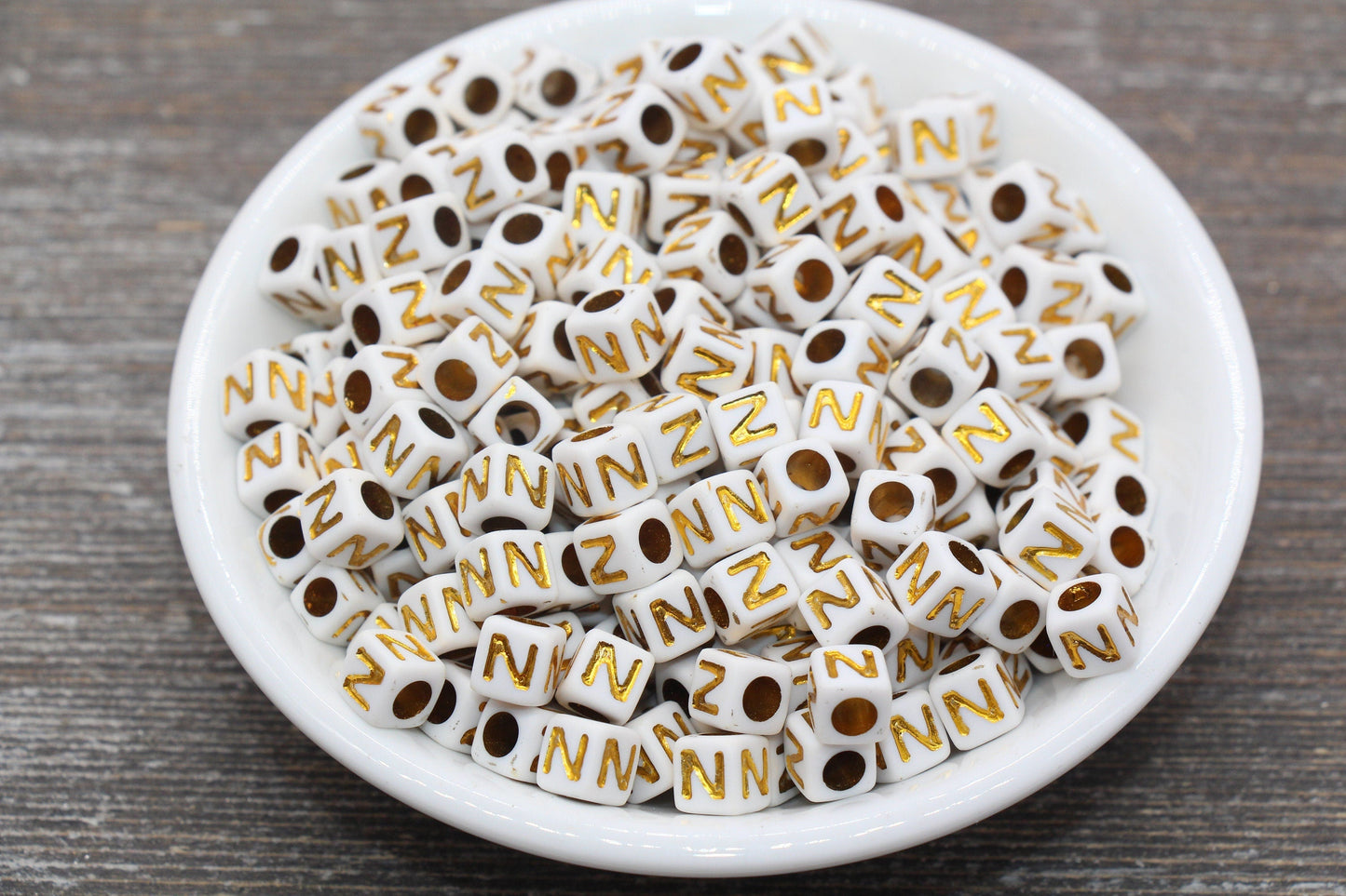 Letter Z Letter Beads, Cube White Beads with Gold Lettering, Individual Letter Beads, Acrylic Square Name Beads, Size 7mm