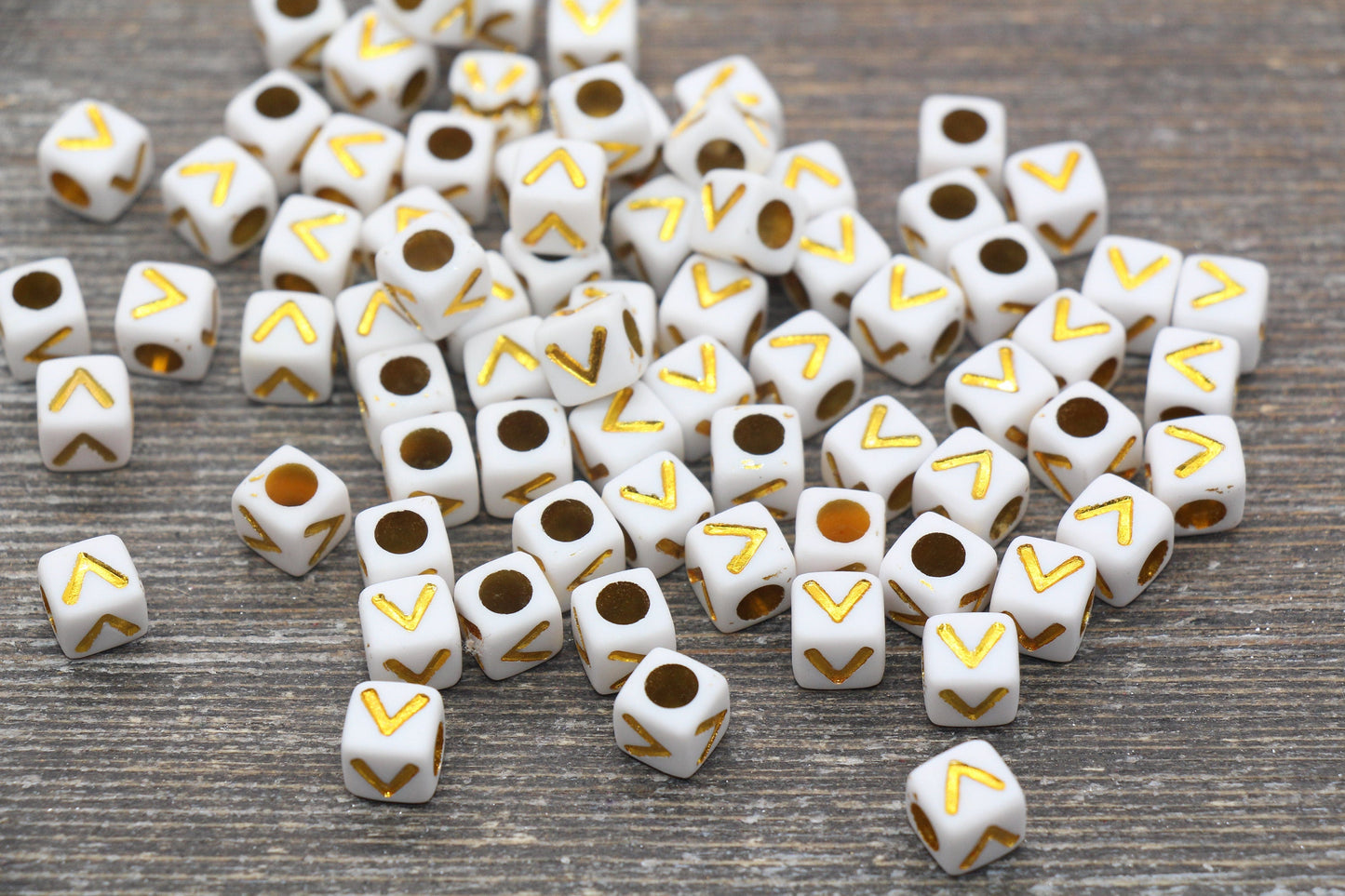 Letter V Letter Beads, Cube White Beads with Gold Lettering, Individual Letter Beads, Acrylic Square Name Beads, Size 7mm