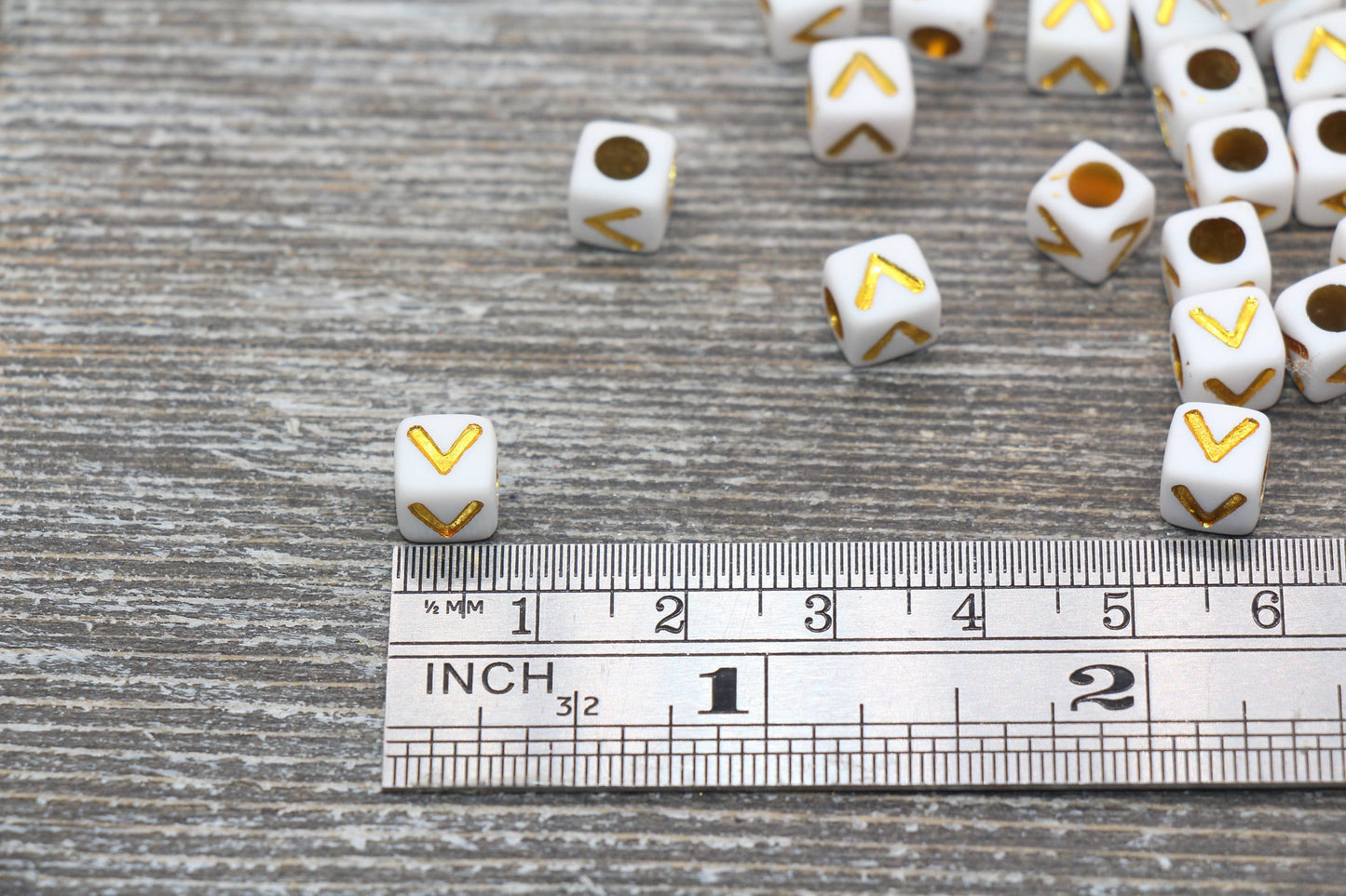 Letter V Letter Beads, Cube White Beads with Gold Lettering, Individual Letter Beads, Acrylic Square Name Beads, Size 7mm