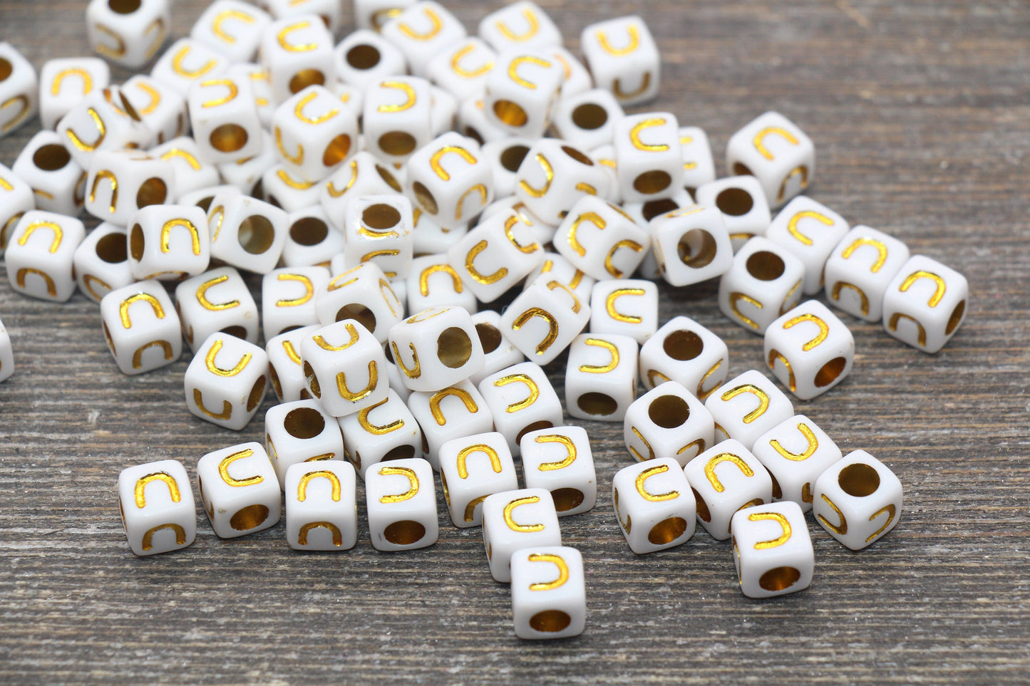 Letter U Letter Beads, Cube White Beads with Gold Lettering, Individual Letter Beads, Acrylic Square Name Beads, Size 7mm