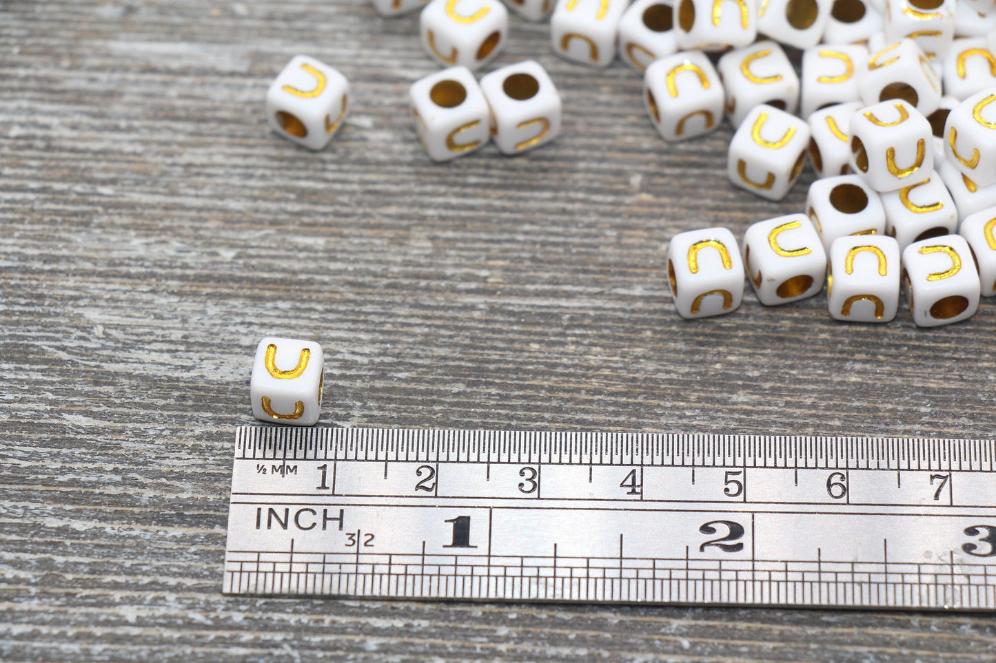 Letter U Letter Beads, Cube White Beads with Gold Lettering, Individual Letter Beads, Acrylic Square Name Beads, Size 7mm