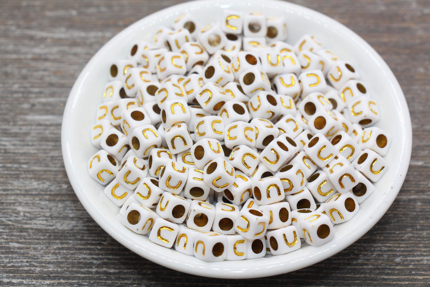 Letter U Letter Beads, Cube White Beads with Gold Lettering, Individual Letter Beads, Acrylic Square Name Beads, Size 7mm