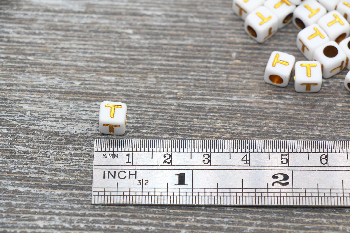 Letter T Letter Beads, Cube White Beads with Gold Lettering, Individual Letter Beads, Acrylic Square Name Beads, Size 7mm