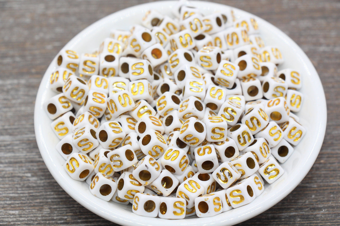 Letter S Letter Beads, Cube White Beads with Gold Lettering, Individual Letter Beads, Acrylic Square Name Beads, Size 7mm