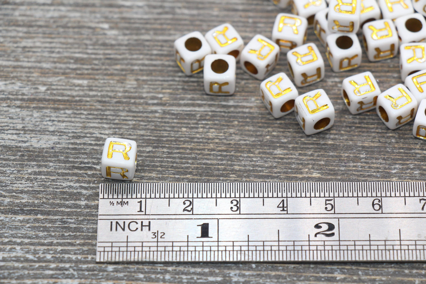Letter R Letter Beads, Cube White Beads with Gold Lettering, Individual Letter Beads, Acrylic Square Name Beads, Size 7mm
