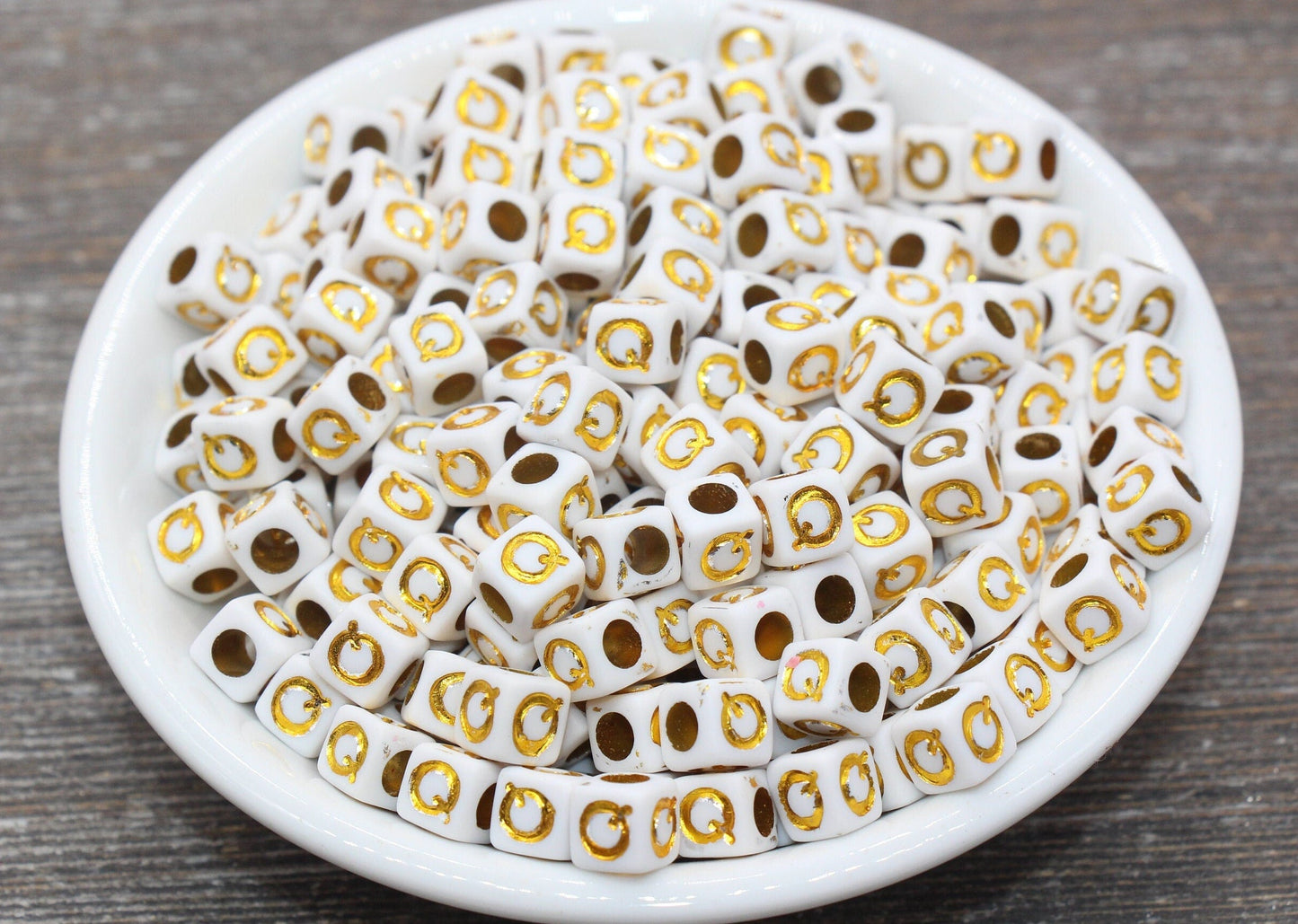Letter Q Letter Beads, Cube White Beads with Gold Lettering, Individual Letter Beads, Acrylic Square Name Beads, Size 7mm