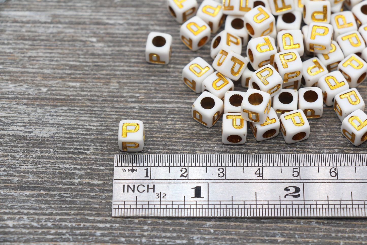 Letter P Letter Beads, Cube White Beads with Gold Lettering, Individual Letter Beads, Acrylic Square Name Beads, Size 7mm