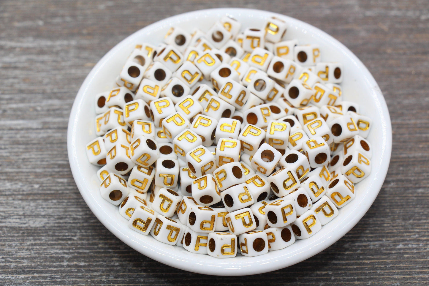 Letter P Letter Beads, Cube White Beads with Gold Lettering, Individual Letter Beads, Acrylic Square Name Beads, Size 7mm