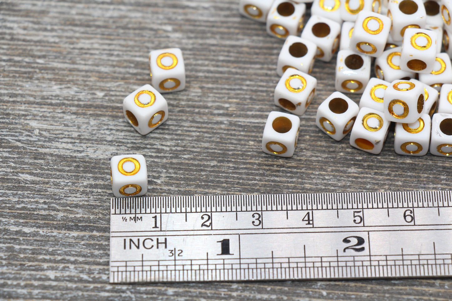 Letter O Letter Beads, Cube White Beads with Gold Lettering, Individual Letter Beads, Acrylic Square Name Beads, Size 7mm