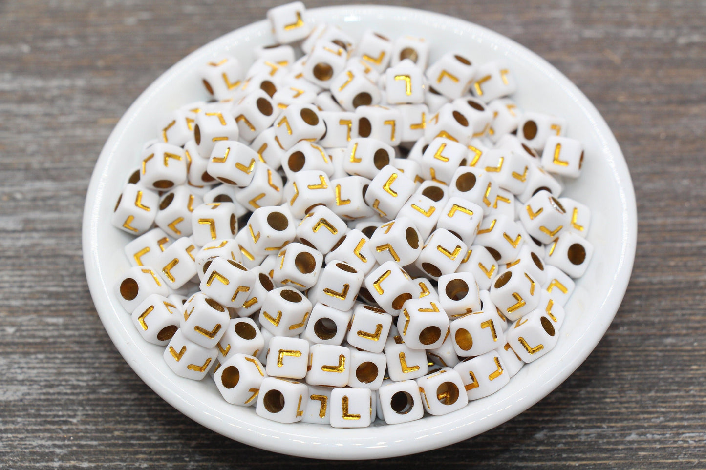 Letter L Letter Beads, Cube White Beads with Gold Lettering, Individual Letter Beads, Acrylic Square Name Beads, Size 7mm