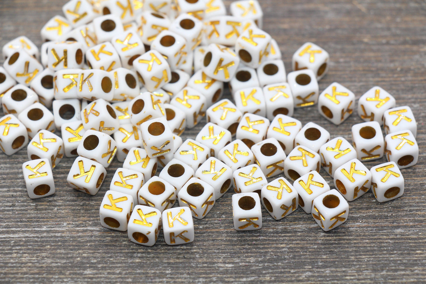 Letter K Letter Beads, Cube White Beads with Gold Lettering, Individual Letter Beads, Acrylic Square Name Beads, Size 7mm