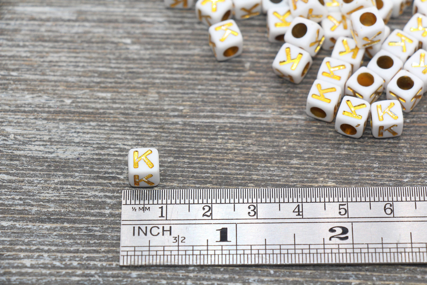 Letter K Letter Beads, Cube White Beads with Gold Lettering, Individual Letter Beads, Acrylic Square Name Beads, Size 7mm