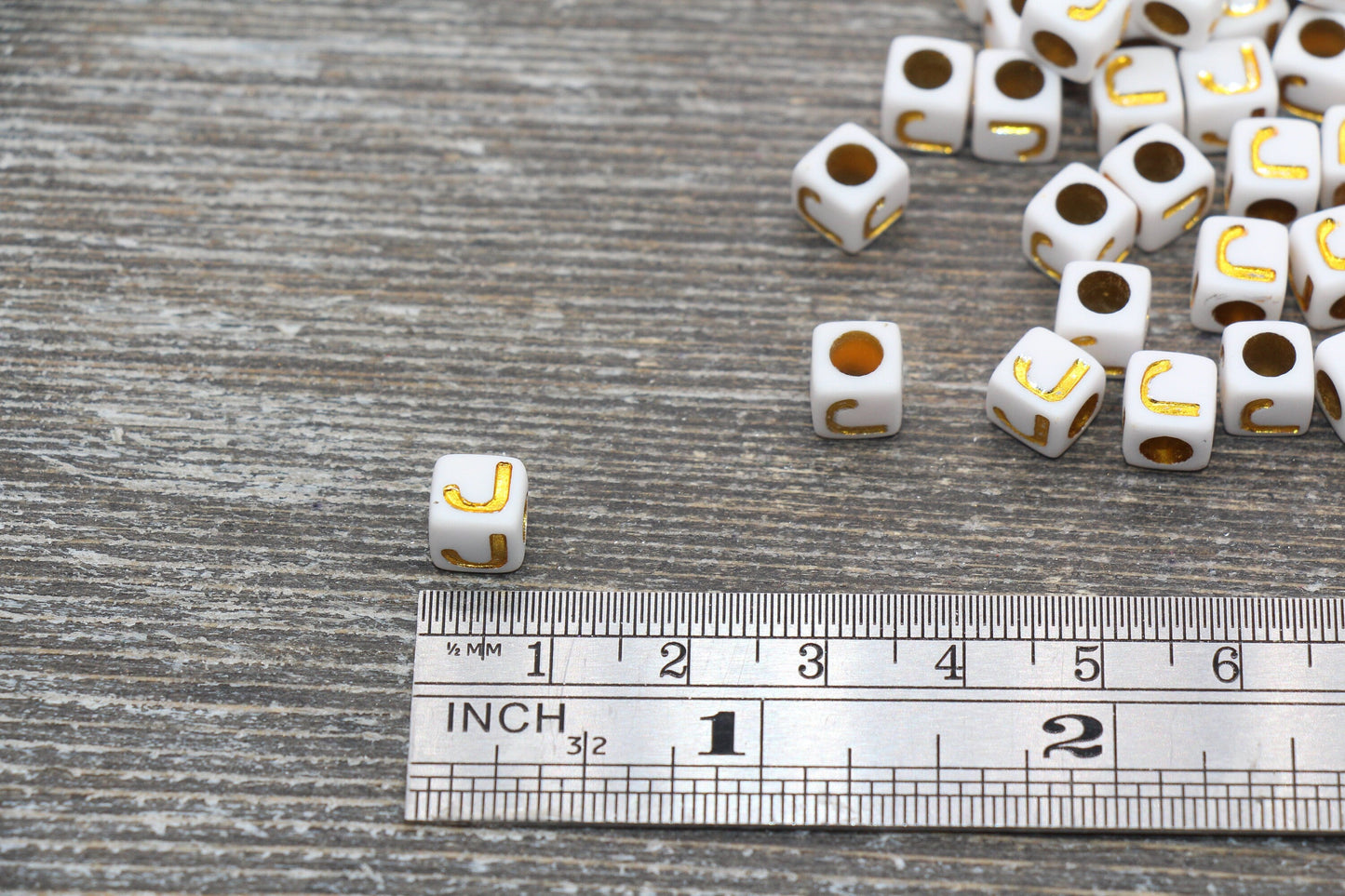 Letter J Letter Beads, Cube White Beads with Gold Lettering, Individual Letter Beads, Acrylic Square Name Beads, Size 7mm