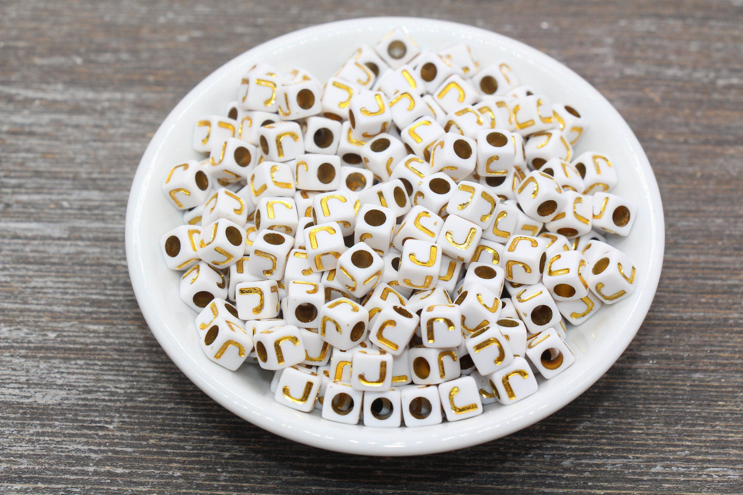 Letter J Letter Beads, Cube White Beads with Gold Lettering, Individual Letter Beads, Acrylic Square Name Beads, Size 7mm