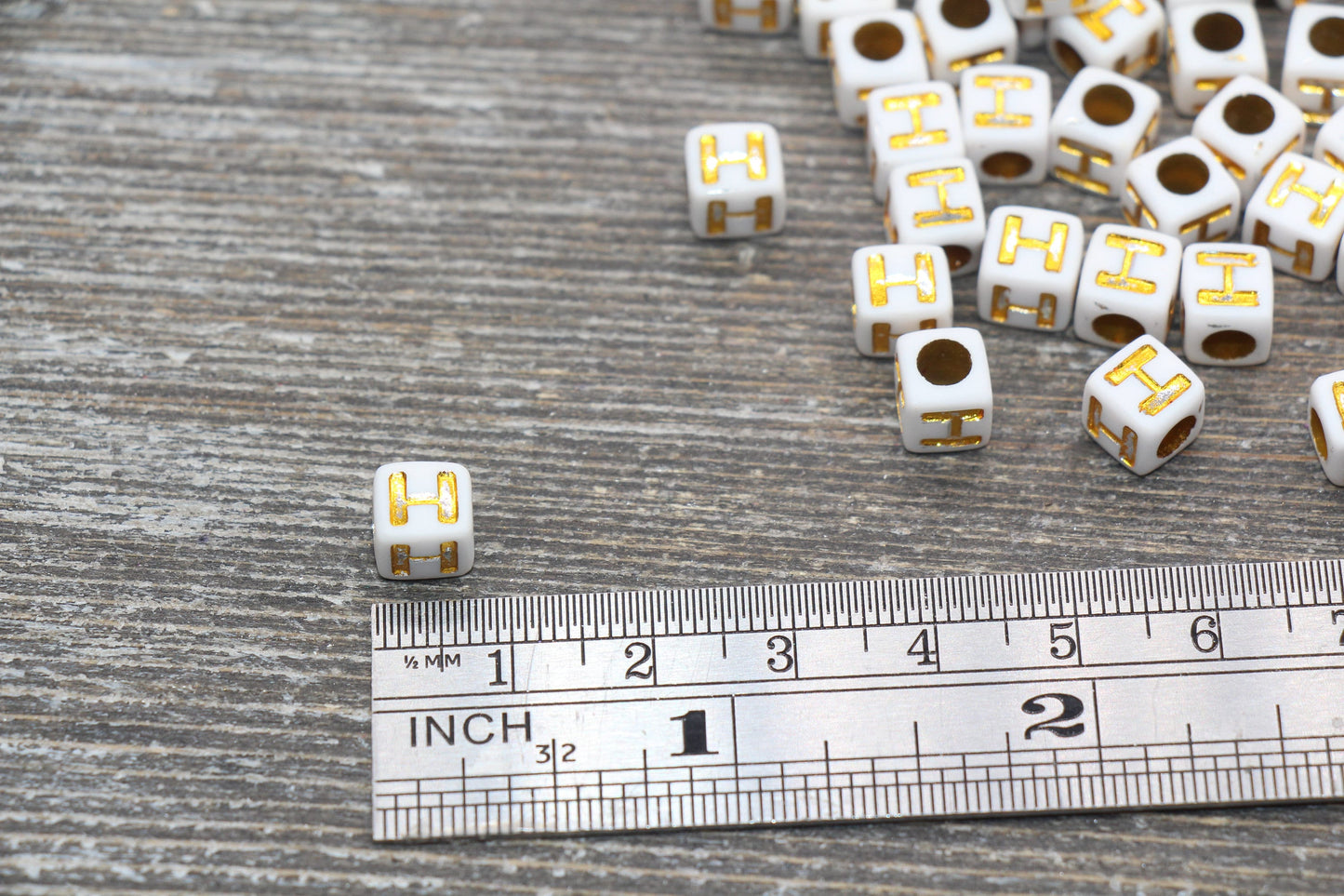 Letter H Letter Beads, Cube White Beads with Gold Lettering, Individual Letter Beads, Acrylic Square Name Beads, Size 7mm