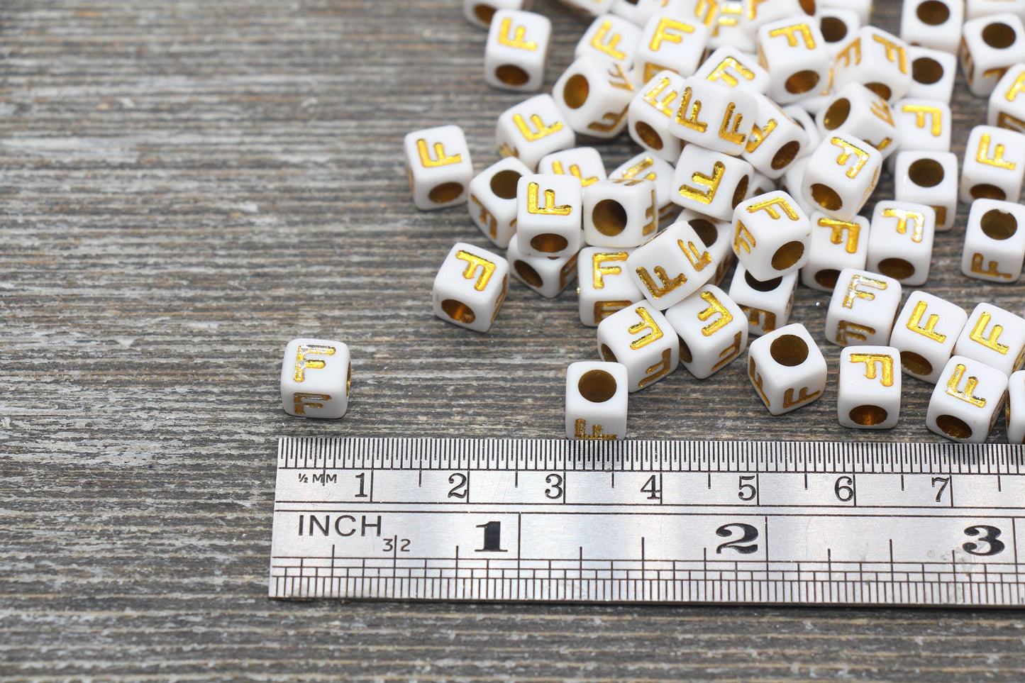 Letter F Letter Beads, Cube White Beads with Gold Lettering, Individual Letter Beads, Acrylic Square Name Beads, Size 7mm