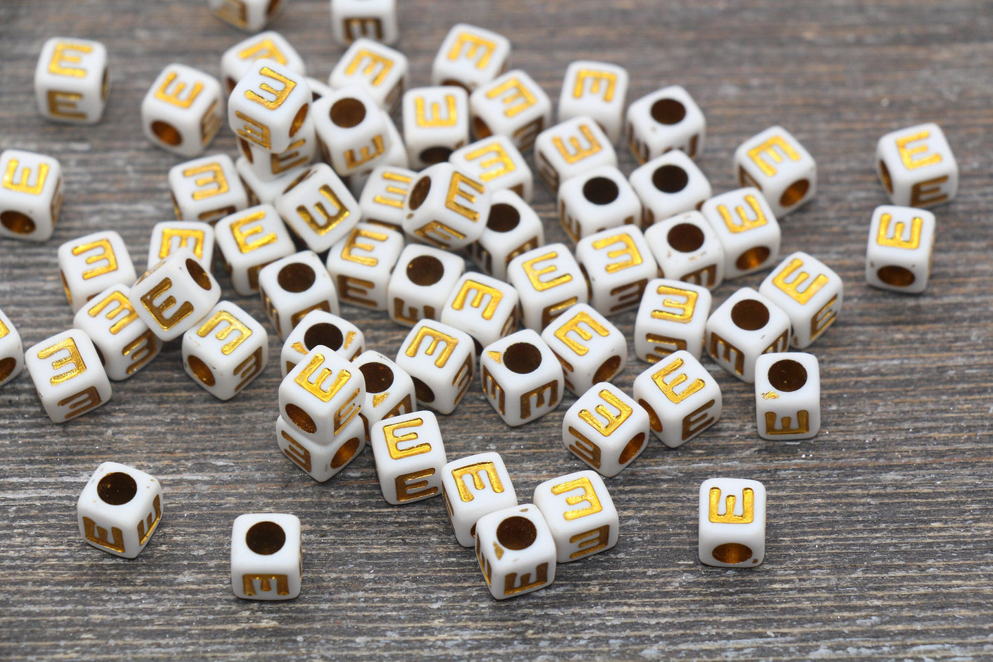 Letter E Letter Beads, Cube White Beads with Gold Lettering, Individual Letter Beads, Acrylic Square Name Beads, Size 7mm