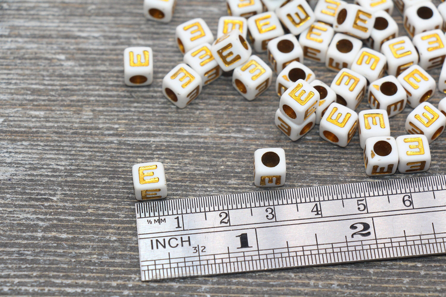 Letter E Letter Beads, Cube White Beads with Gold Lettering, Individual Letter Beads, Acrylic Square Name Beads, Size 7mm