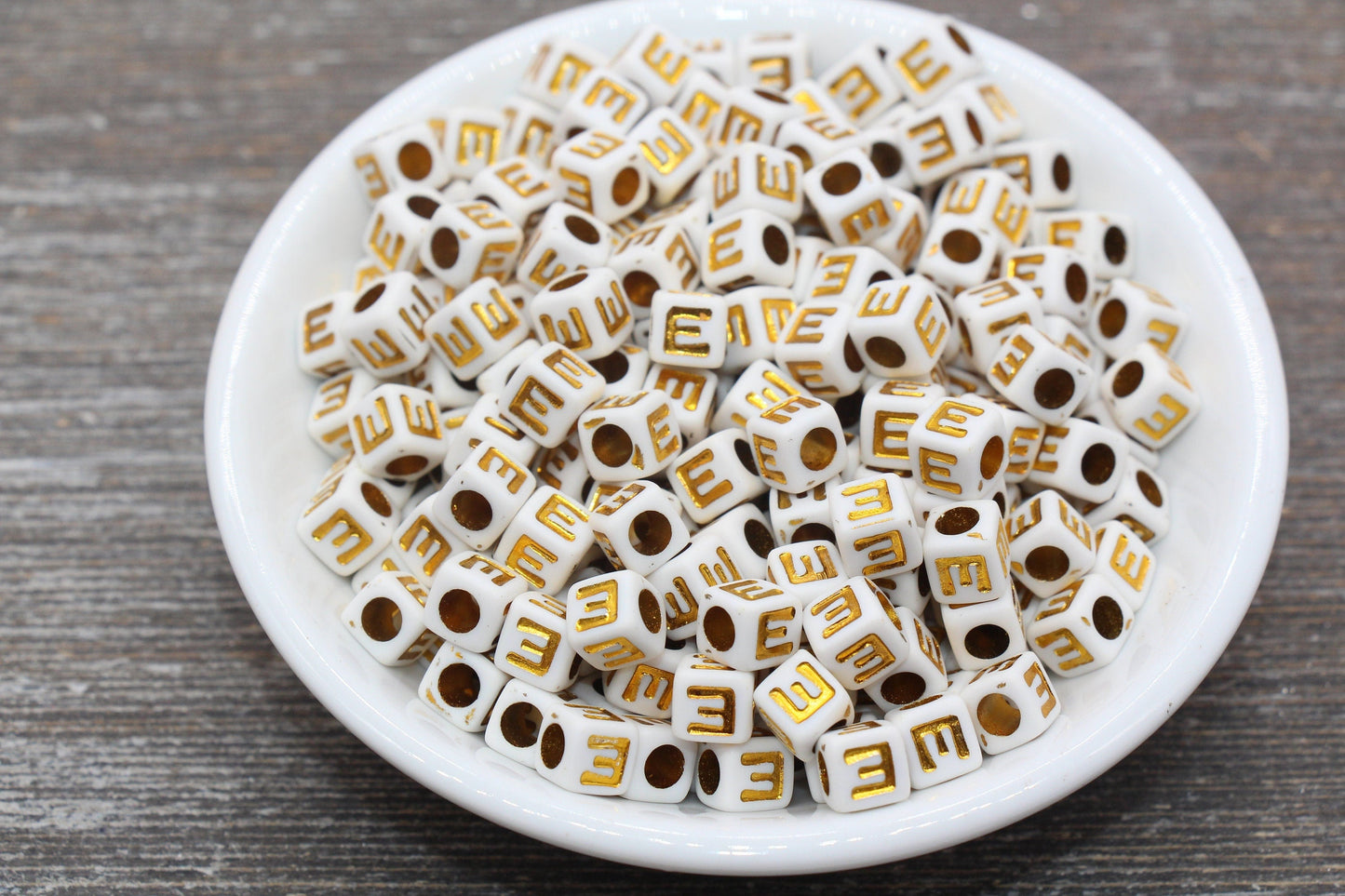 Letter E Letter Beads, Cube White Beads with Gold Lettering, Individual Letter Beads, Acrylic Square Name Beads, Size 7mm
