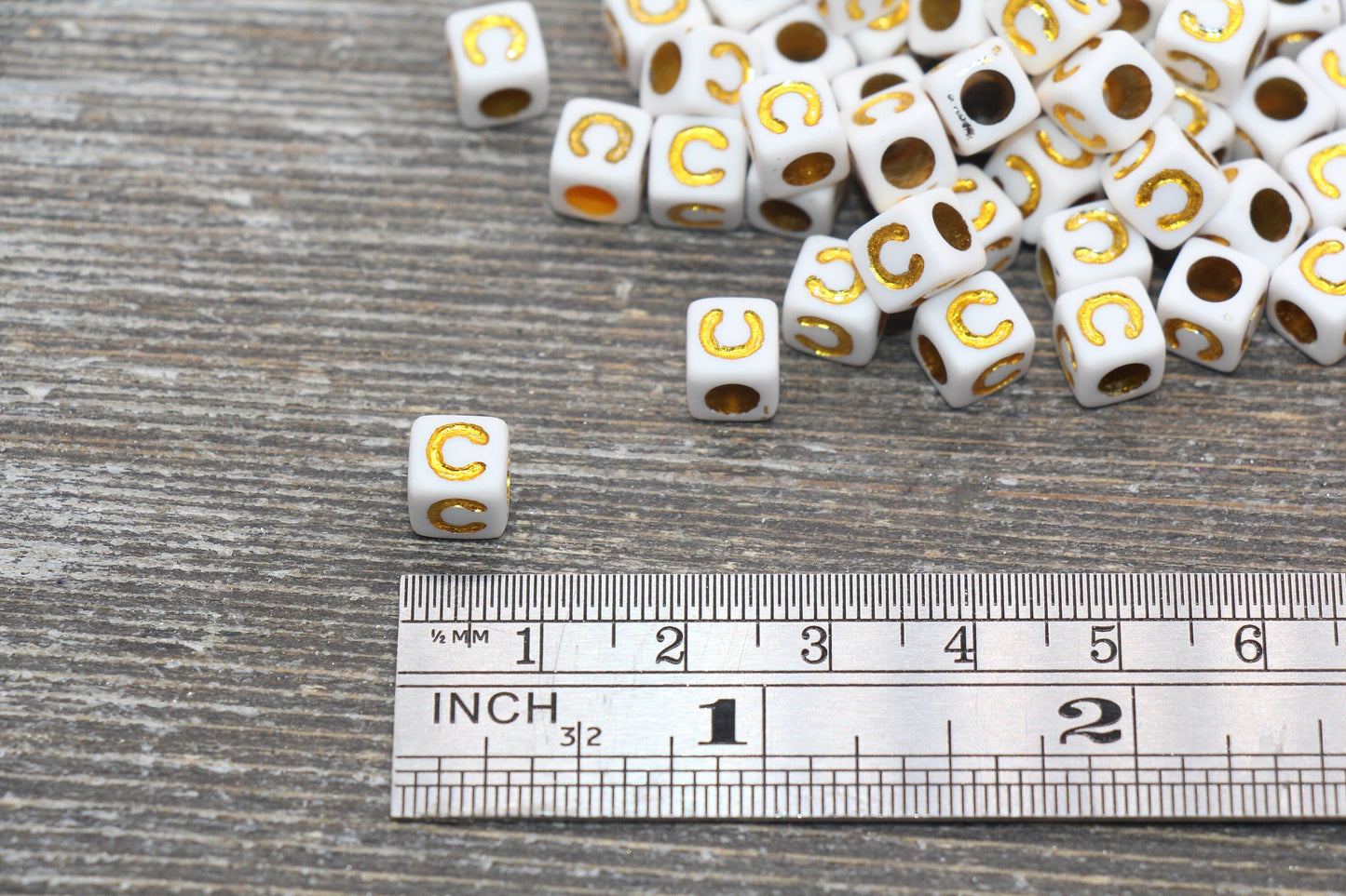 Letter C Letter Beads, Cube White Beads with Gold Lettering, Individual Letter Beads, Acrylic Square Name Beads, Size 7mm