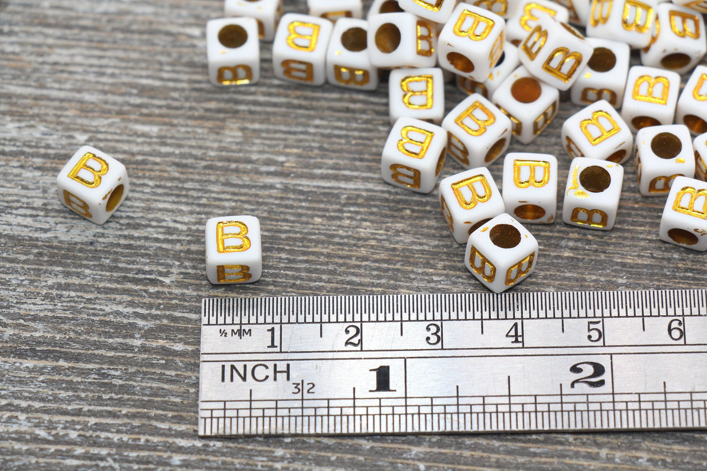 Letter B Letter Beads, Cube White Beads with Gold Lettering, Individual Letter Beads, Acrylic Square Name Beads, Size 7mm