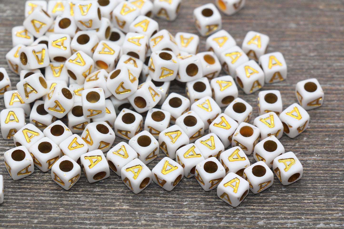 Letter A Letter Beads, Cube White Beads with Gold Lettering, Individual Letter Beads, Acrylic Square Name Beads, Size 7mm