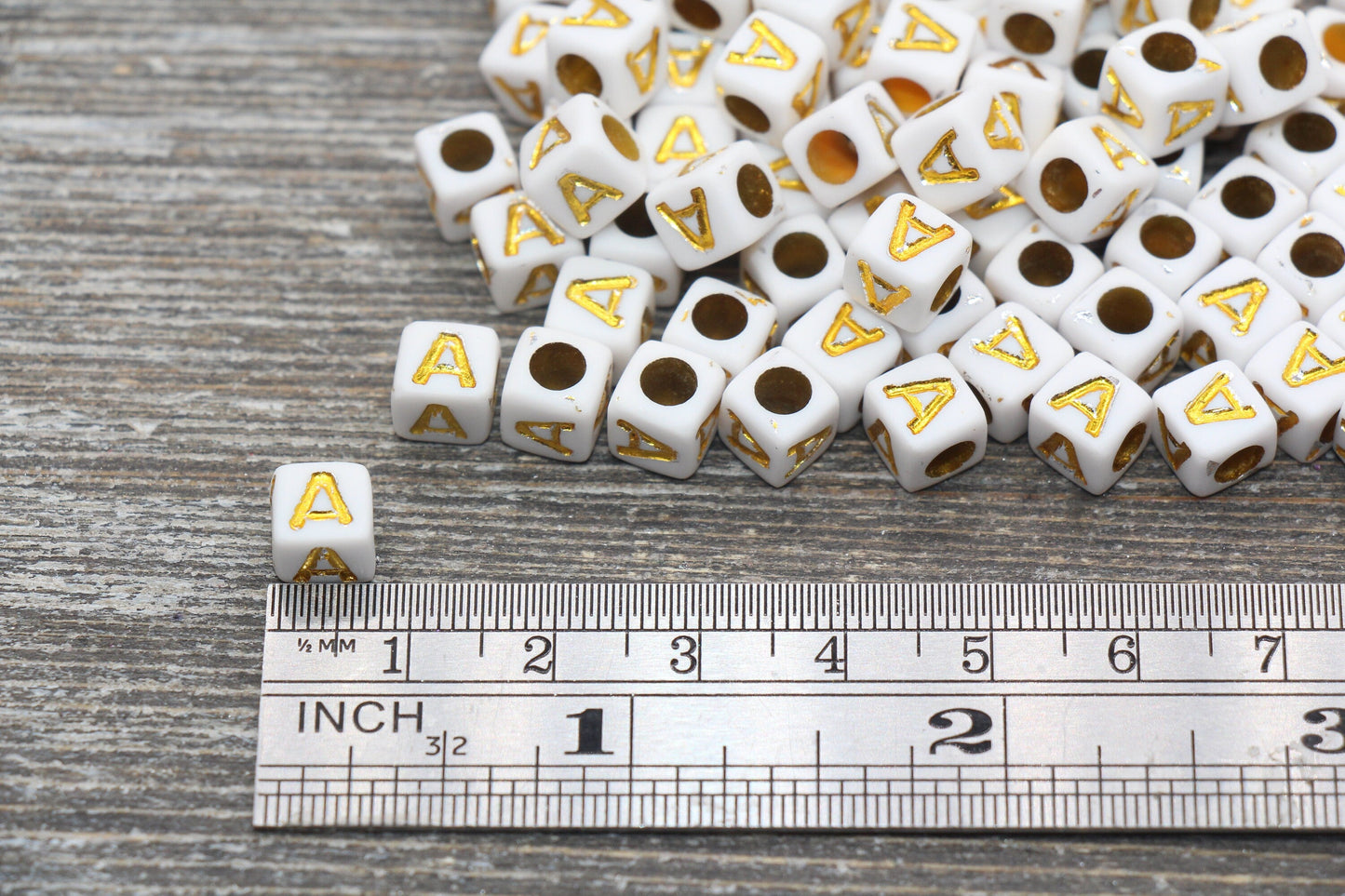 Letter A Letter Beads, Cube White Beads with Gold Lettering, Individual Letter Beads, Acrylic Square Name Beads, Size 7mm