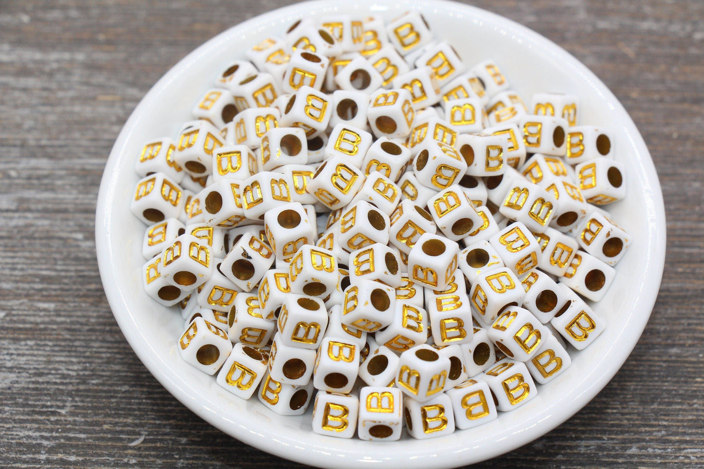 Letter B Letter Beads, Cube White Beads with Gold Lettering, Individual Letter Beads, Acrylic Square Name Beads, Size 7mm