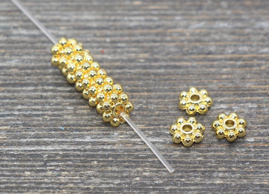 18K Daisy Spacer Beads, Gold or Silver Spacer Beads, Daisy Gold Beads, Size 4mm 6mm