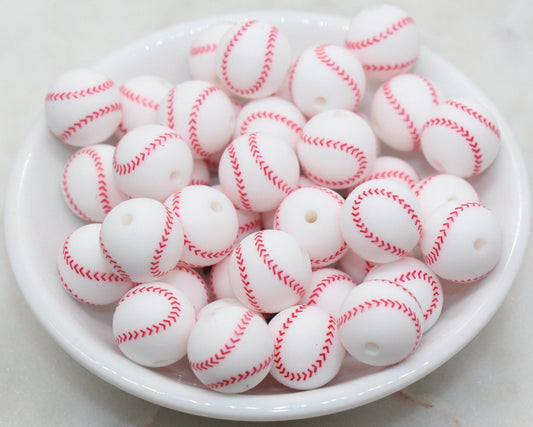 Baseball Silicone Beads, Sports Print Silicone Beads, Round Sports Ball Beads, Chunky Beads, Silicone Beads #247
