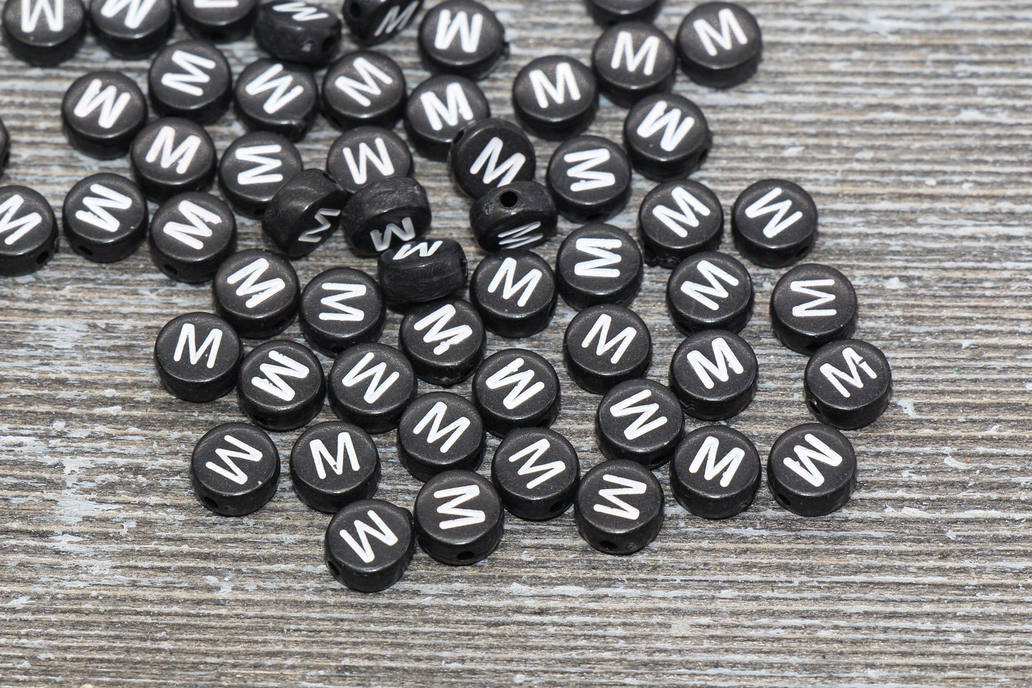 Letter M Alphabet Beads, Black Alphabet Letter Beads, Acrylic Black and White Letters Beads, Round Acrylic Beads, Name Beads, Size 7mm