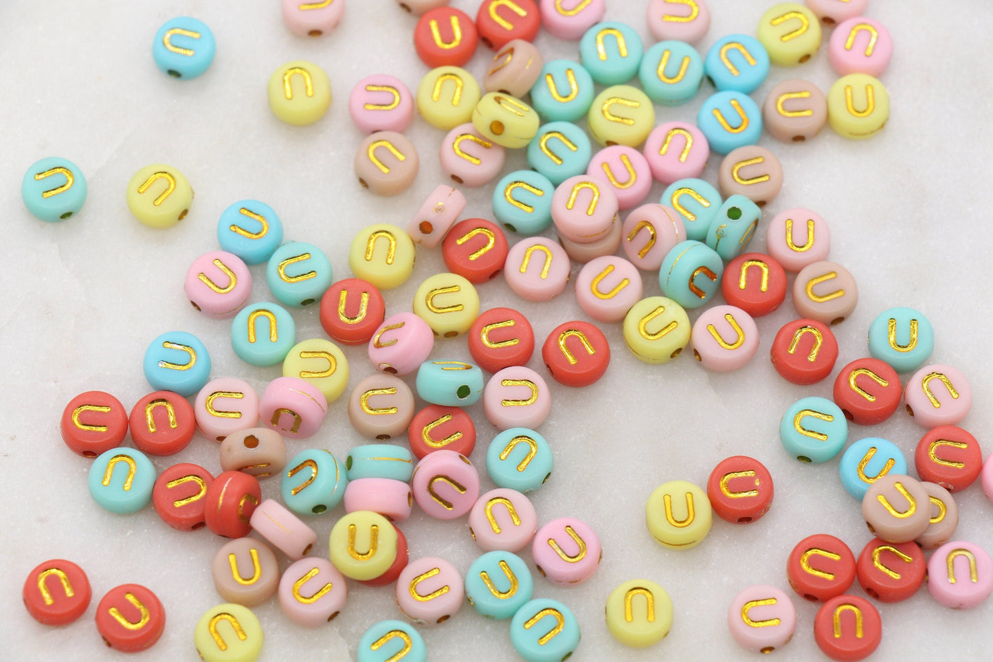 Letter U Round Beads, Individual Letter Beads, Multicolor Round Alphabet Letter Beads, Gold Letter Beads, Round Name Beads, Size 7mm