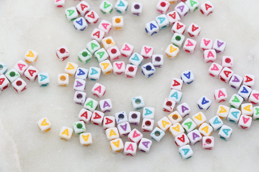 Letter A Cube Beads, Individual Letter Beads, Multicolored Cube Alphabet Beads, White with Rainbow Letter, Square Name Beads, Size 4.8mm