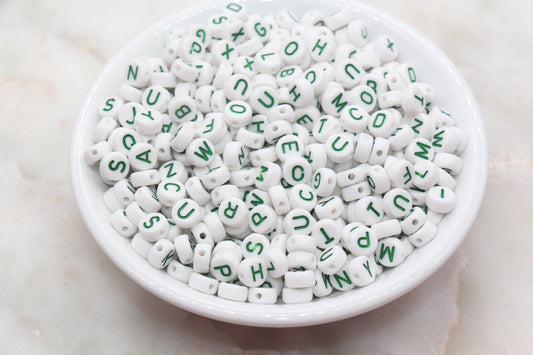 alphabet letter beads, green letter beads, white bead with green letter, name beads, bead for bracelet