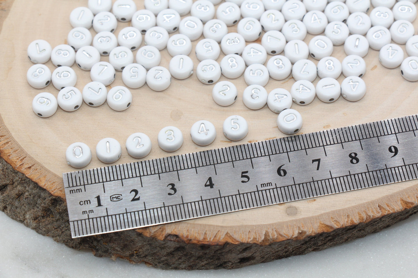 Silver Number Beads, Acrylic White Beads with Silver Numbers, Plastic Mix Number Beads, Round Number Beads, Size 7mm #3145